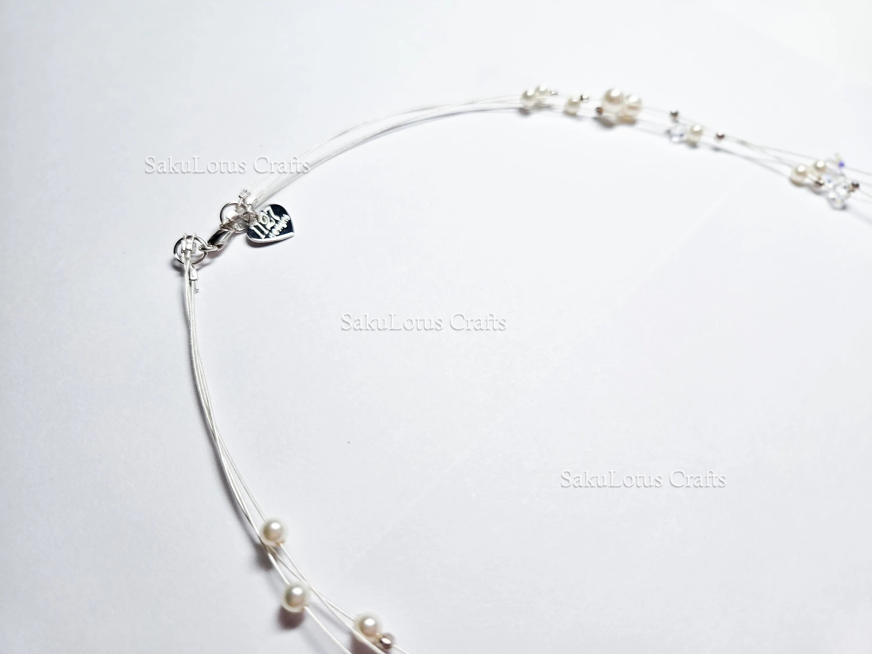 Handmade Floating Necklace Swarovski Pearl Crystal  • 925 Sterling Silver • Triple Layered 19" 21" 24" • 1127 Designs