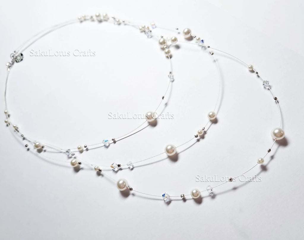 Handmade Floating Necklace Swarovski Pearl Crystal  • 925 Sterling Silver • Triple Layered 19" 21" 24" • 1127 Designs