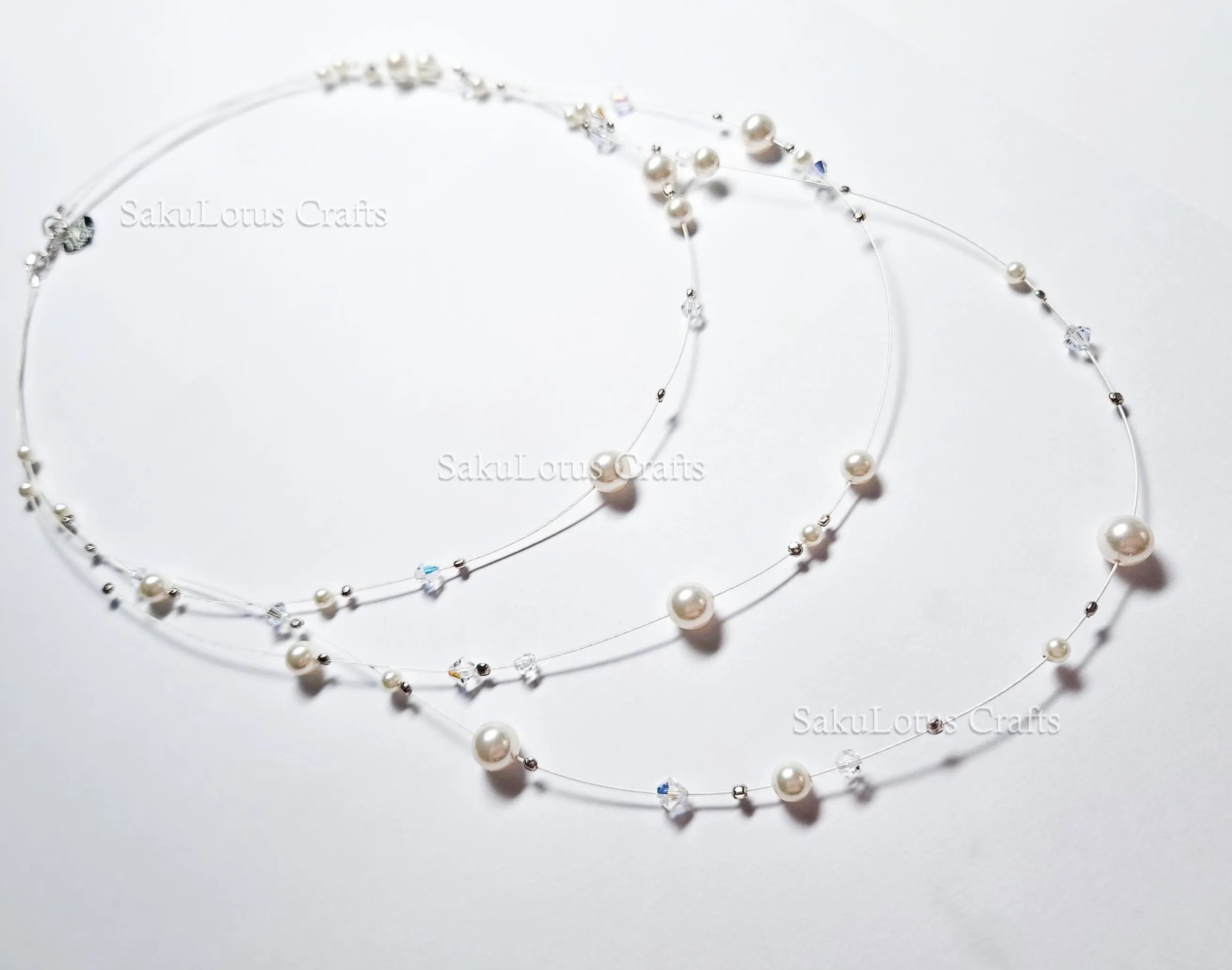 Handmade Floating Necklace Swarovski Pearl Crystal  • 925 Sterling Silver • Triple Layered 19" 21" 24" • 1127 Designs