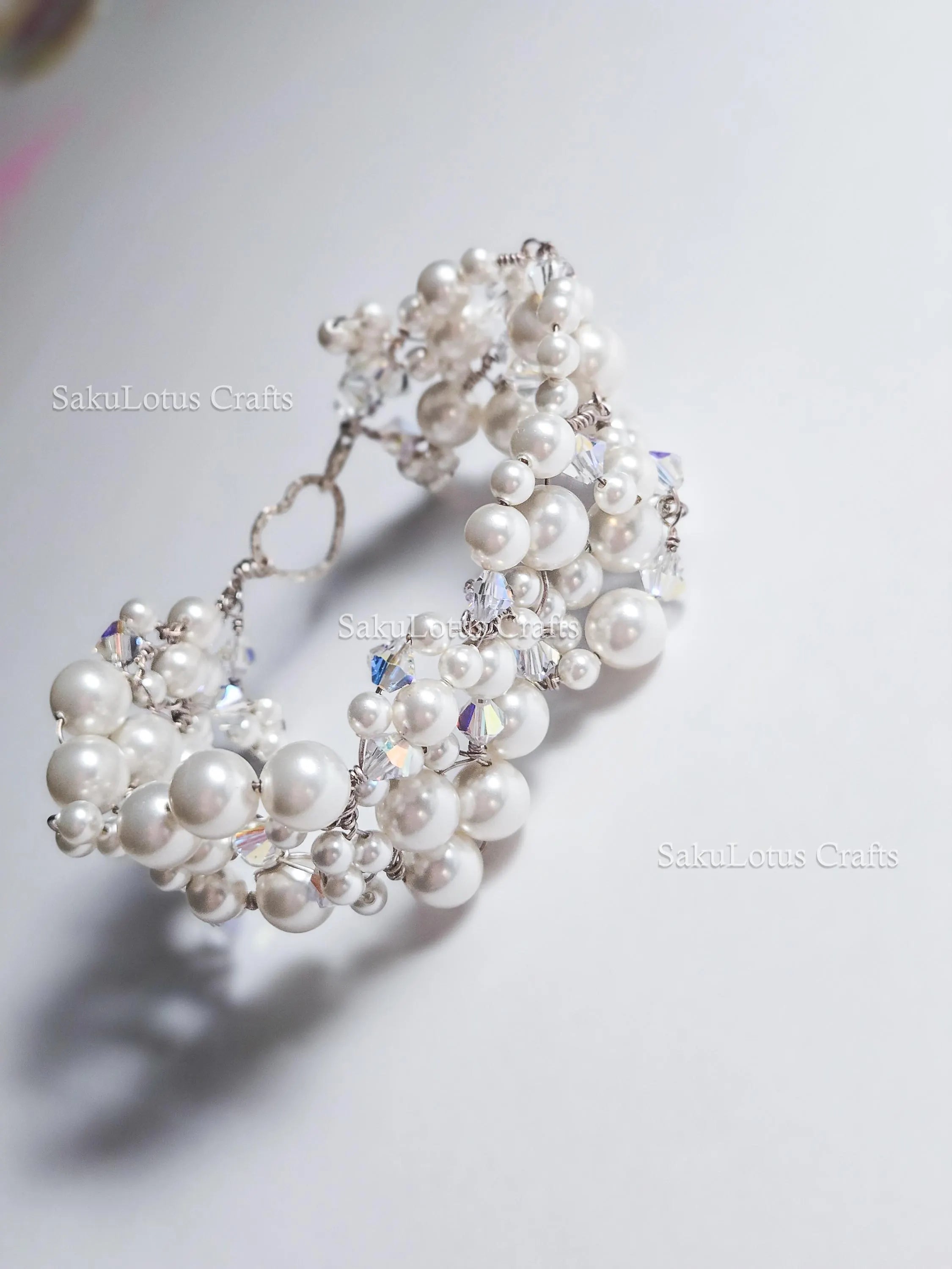 Handmade Swarovski Pearl & Crystal Cluster Bracelet – 925 Sterling Silver Vintage Style