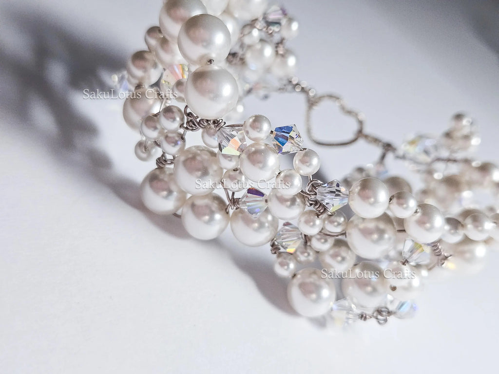 Handmade Swarovski Pearl & Crystal Cluster Bracelet – 925 Sterling Silver Vintage Style