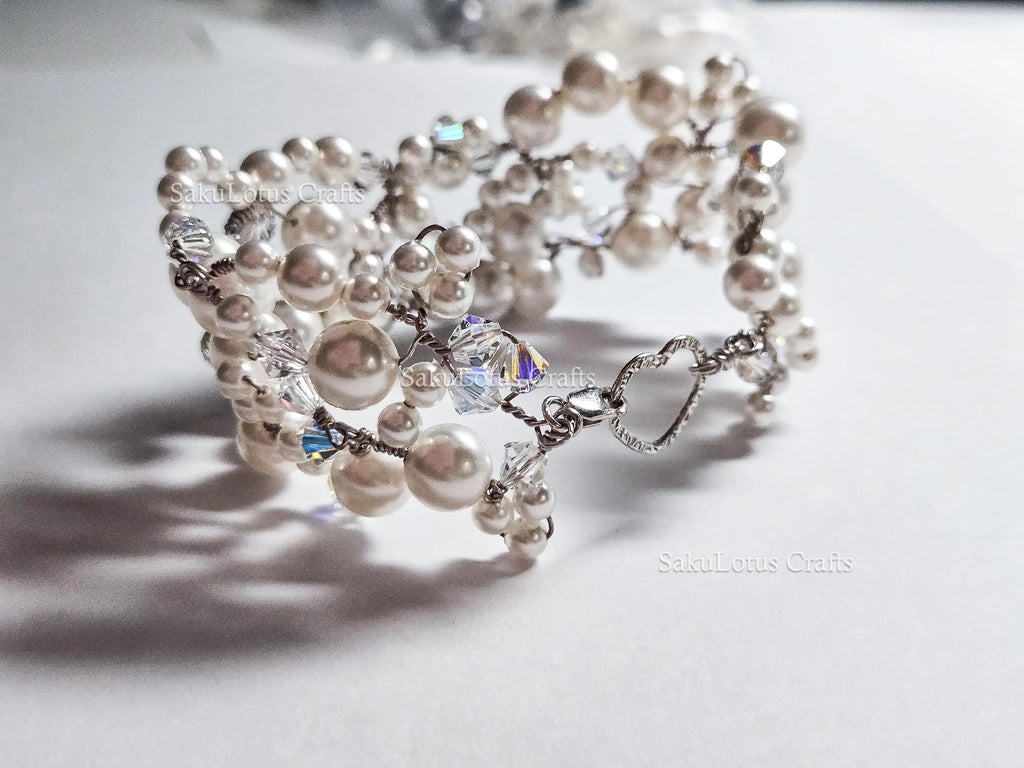 Handmade Swarovski Pearl & Crystal Cluster Bracelet – 925 Sterling Silver Vintage Style