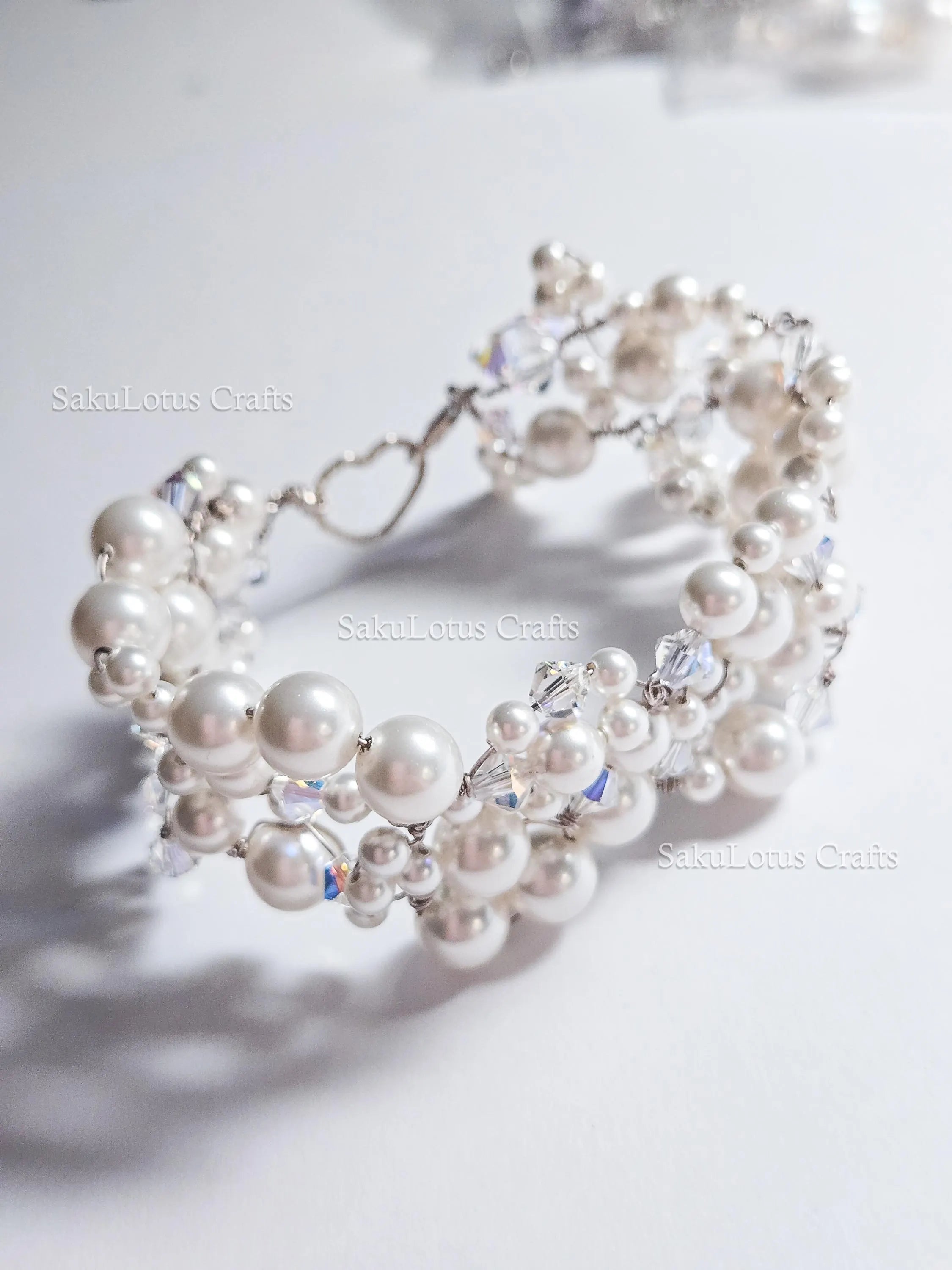Handmade Swarovski Pearl & Crystal Cluster Bracelet – 925 Sterling Silver Vintage Style