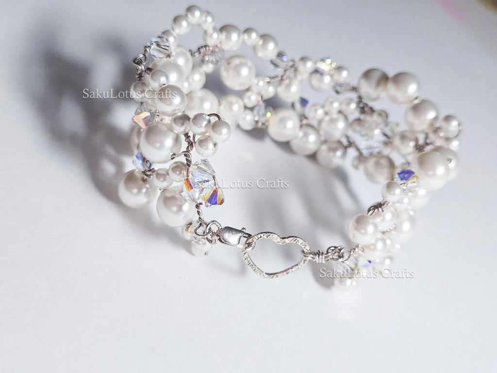 Handmade Swarovski Pearl & Crystal Cluster Bracelet – 925 Sterling Silver Vintage Style