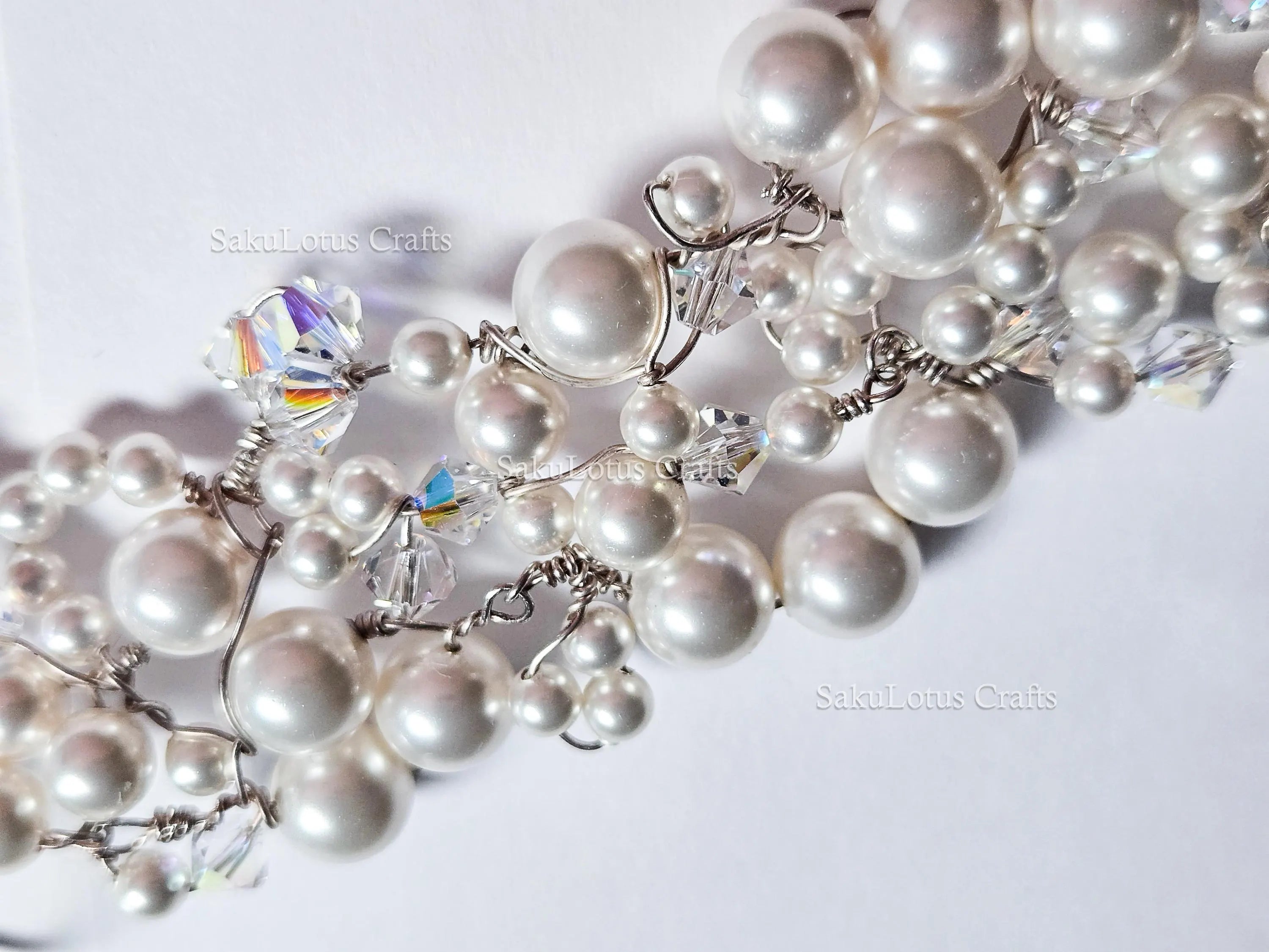 Handmade Swarovski Pearl & Crystal Cluster Bracelet – 925 Sterling Silver Vintage Style