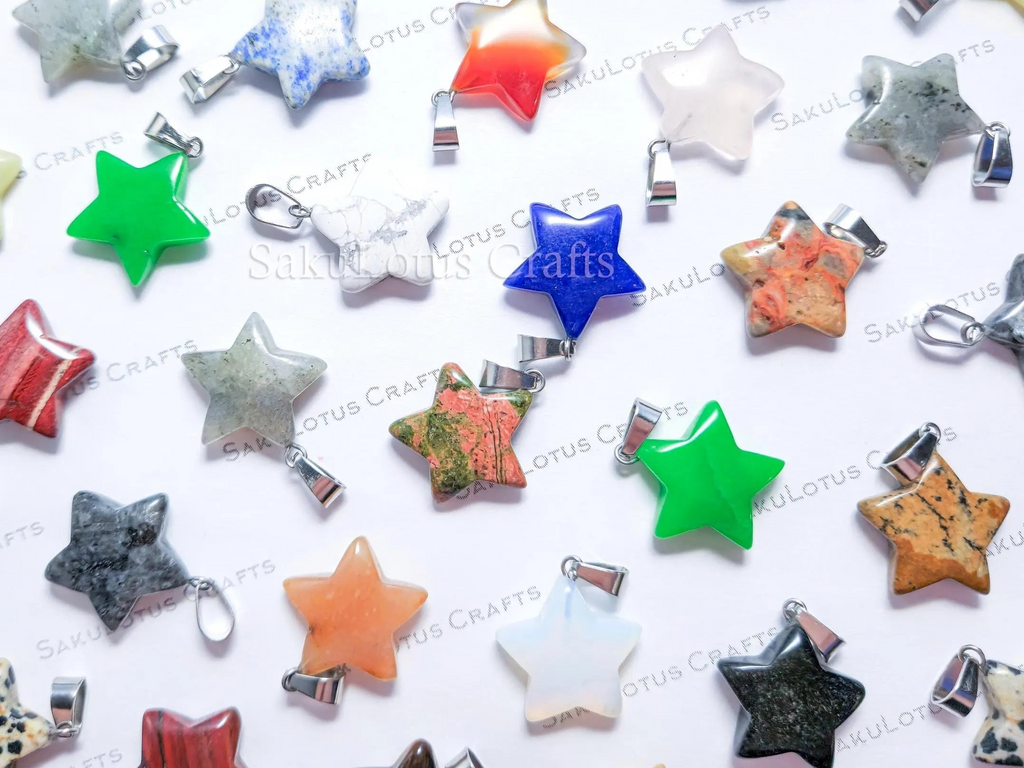 RESTOCK Natural Stone Crystal Star Pendant • 20mm Gemstone Charm • Silver Gold Rose Gold Stainless Steel • Jewelry Making Supplies