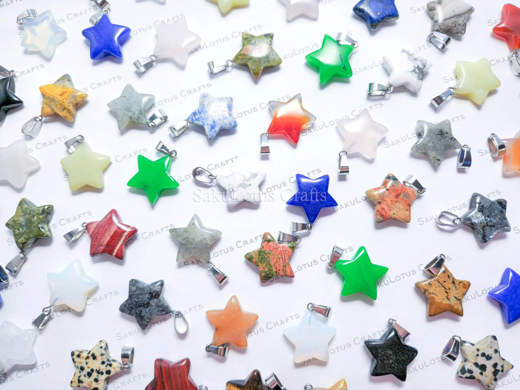 RESTOCK Natural Stone Crystal Star Pendant • 20mm Gemstone Charm • Silver Gold Rose Gold Stainless Steel • Jewelry Making Supplies